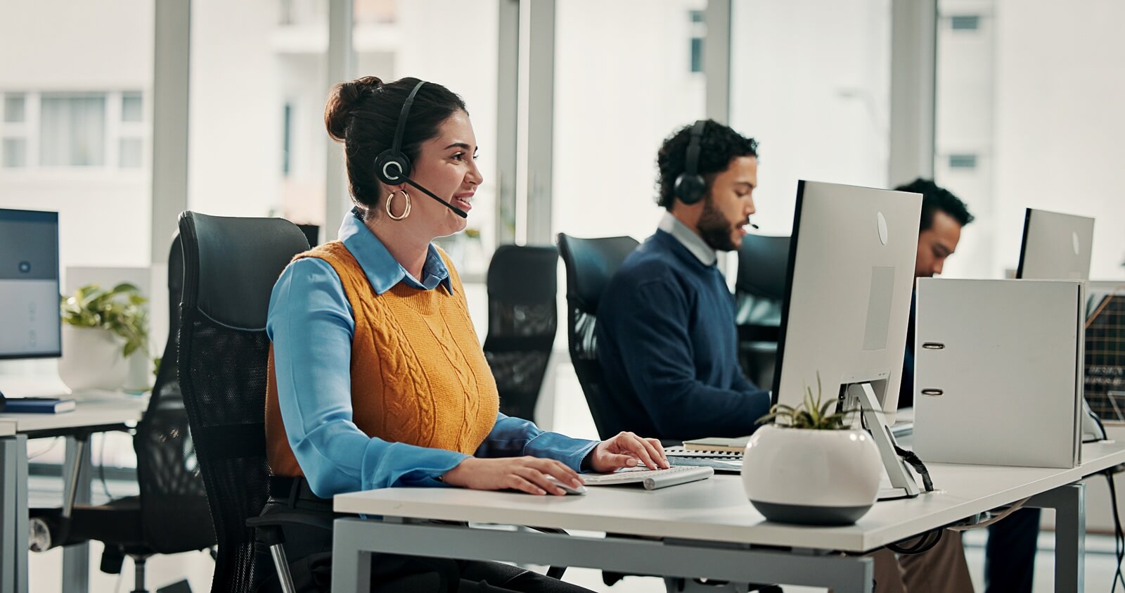 computer, contact us and happy woman in call center for help desk