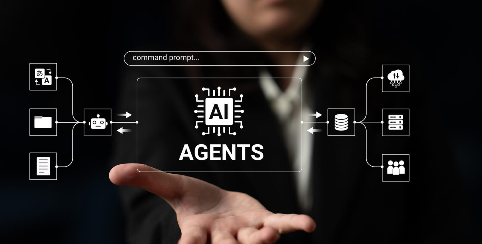 detailed virtual illustration of ai agents connected by flowcharts with a command prompt interface in a dark background - ai agent consulting