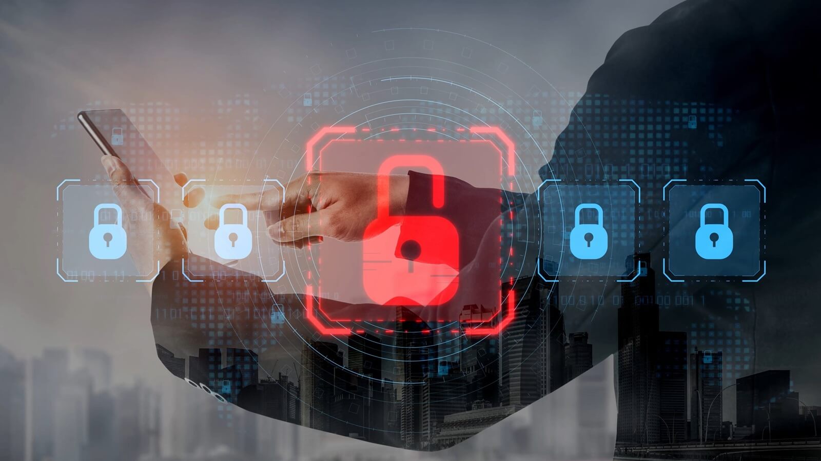 digital security concept illustrating a cybersecurity breach, with a red unlocked padlock indicating data exposure among secure systems