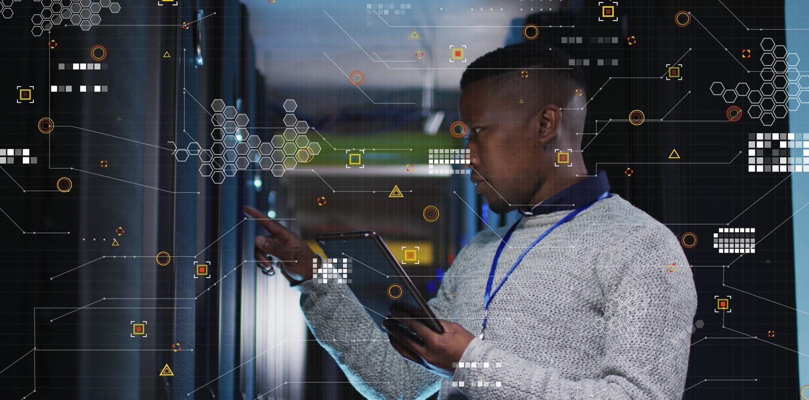 image of data processing over african american male engineer using digital tablet at server room