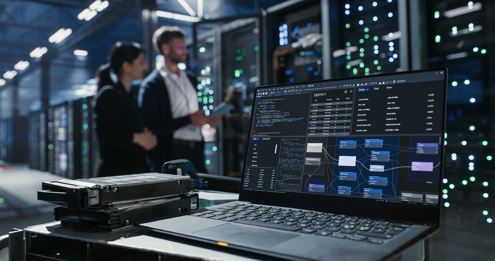 laptop sits on a cart beside hard drives in data center