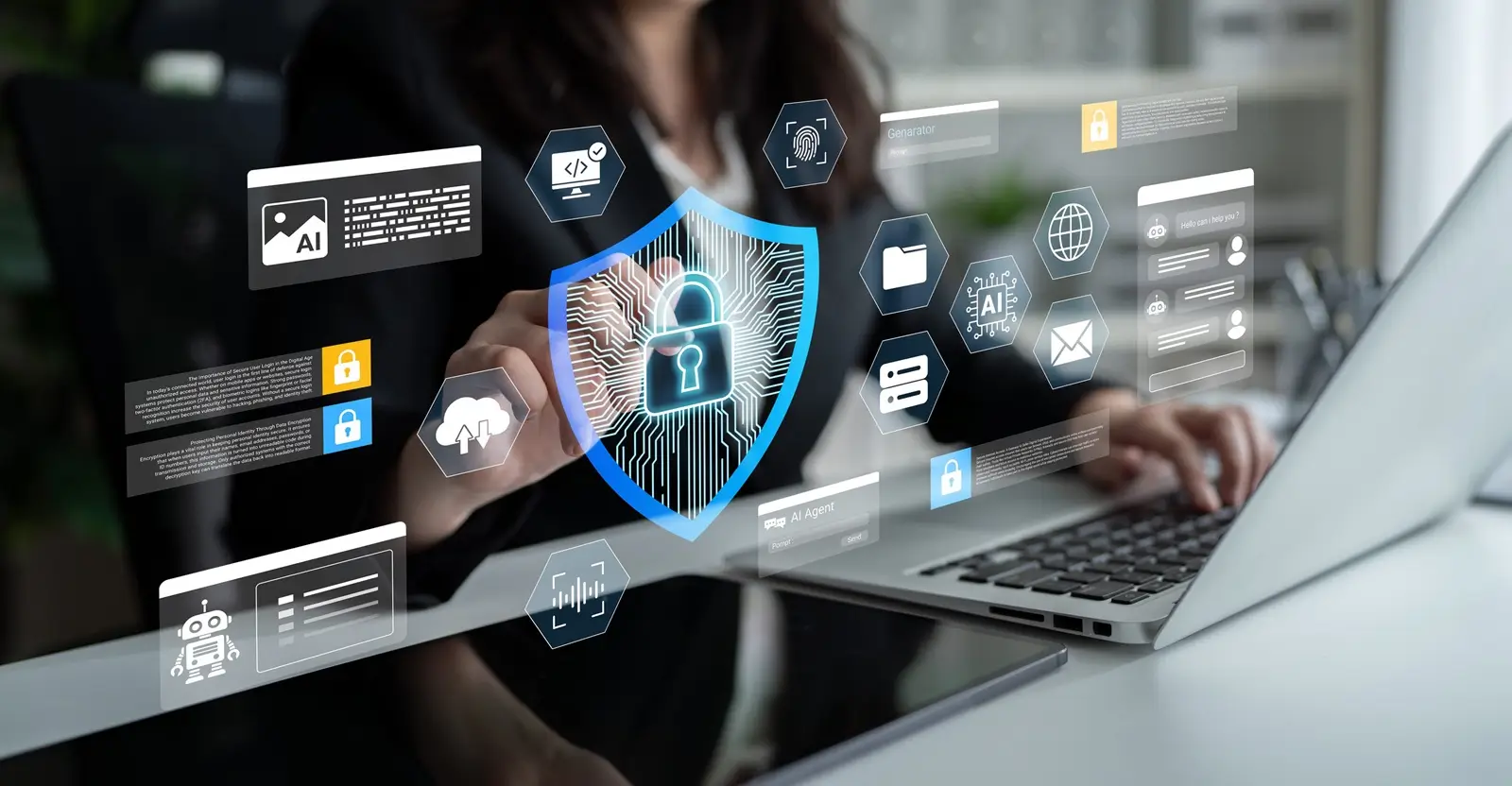 professional woman interacts with a digital interface displaying cybersecurity elements, emphasizing the importance of digital protection