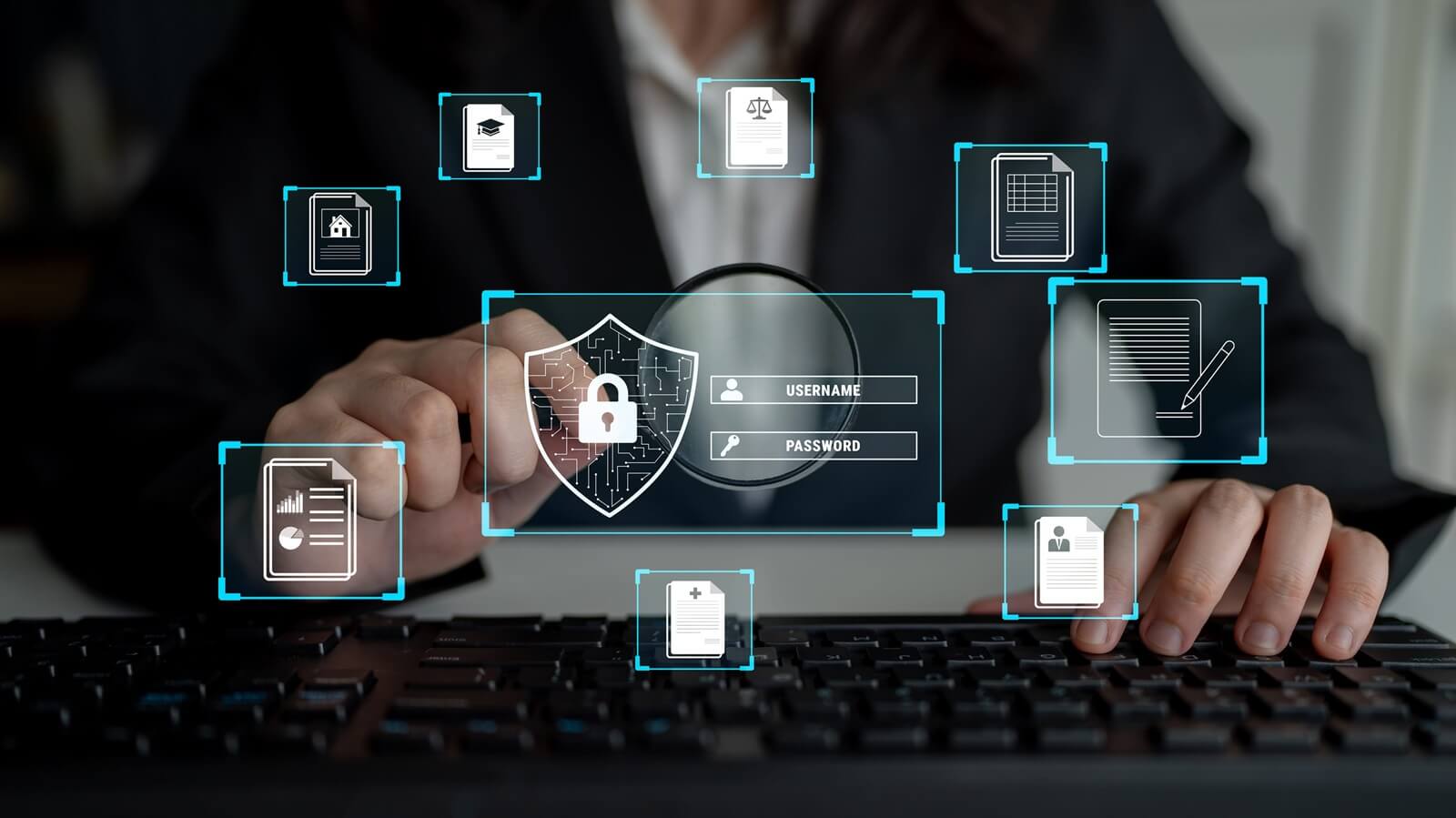security concepts in digital authentication with cyber protection symbols