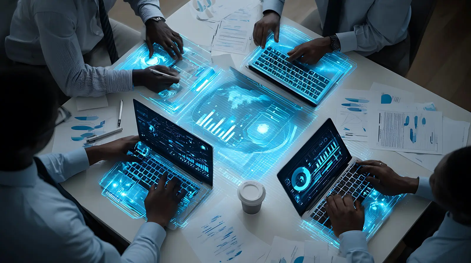 team collaborates on futuristic digital data analysis with glowing screens