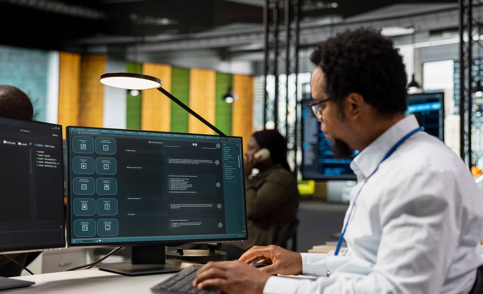 worker in AI tech company workplace using LLM chatbot to conduct code reviews