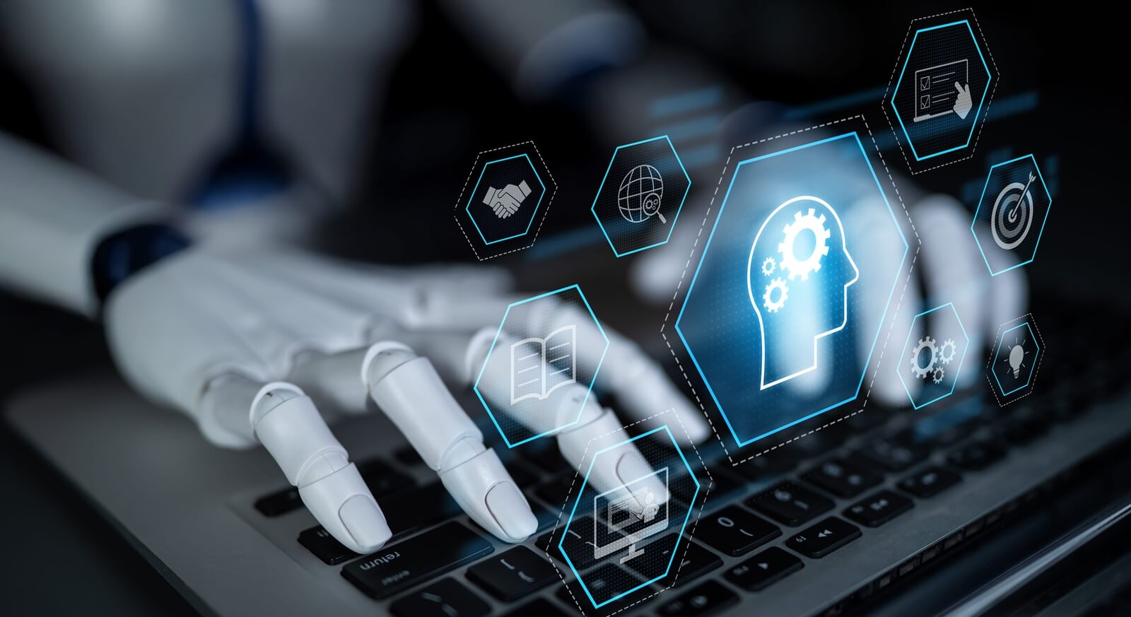 AI or human-driven skill acquisition and training with icons of knowledge, goals, task management, and system optimization