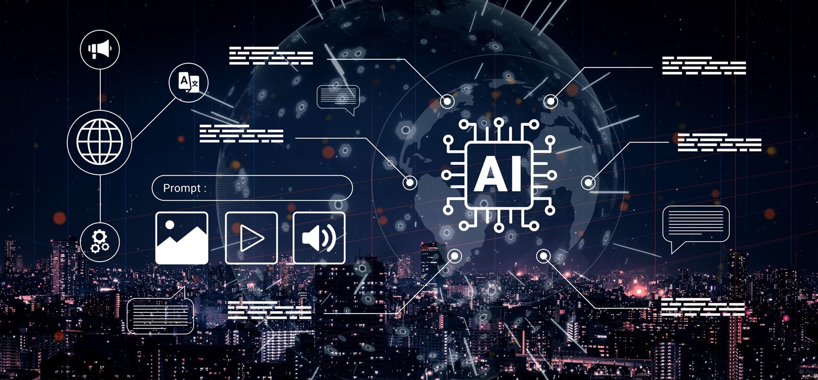 Explore a dynamic digital cityscape showcasing a vibrant artificial intelligence interface filled with data connections and technological elements in a captivating night setting
