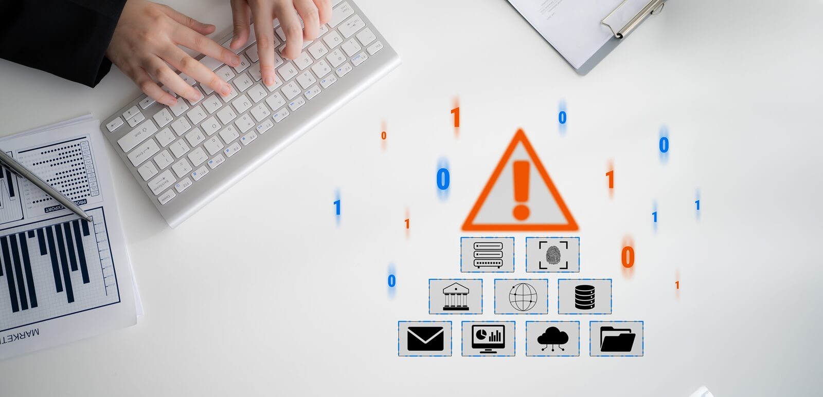 business professional analyzing data with keyboard and attention to security warnings in a modern workspace