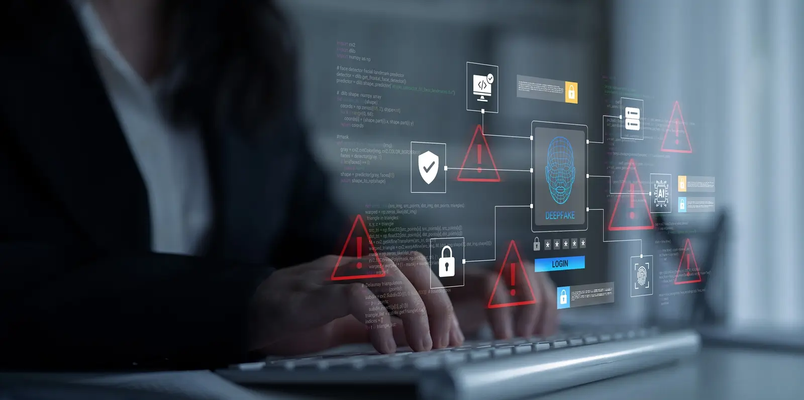 business professional engages with a digital interface, revealing cybersecurity threats and alerts