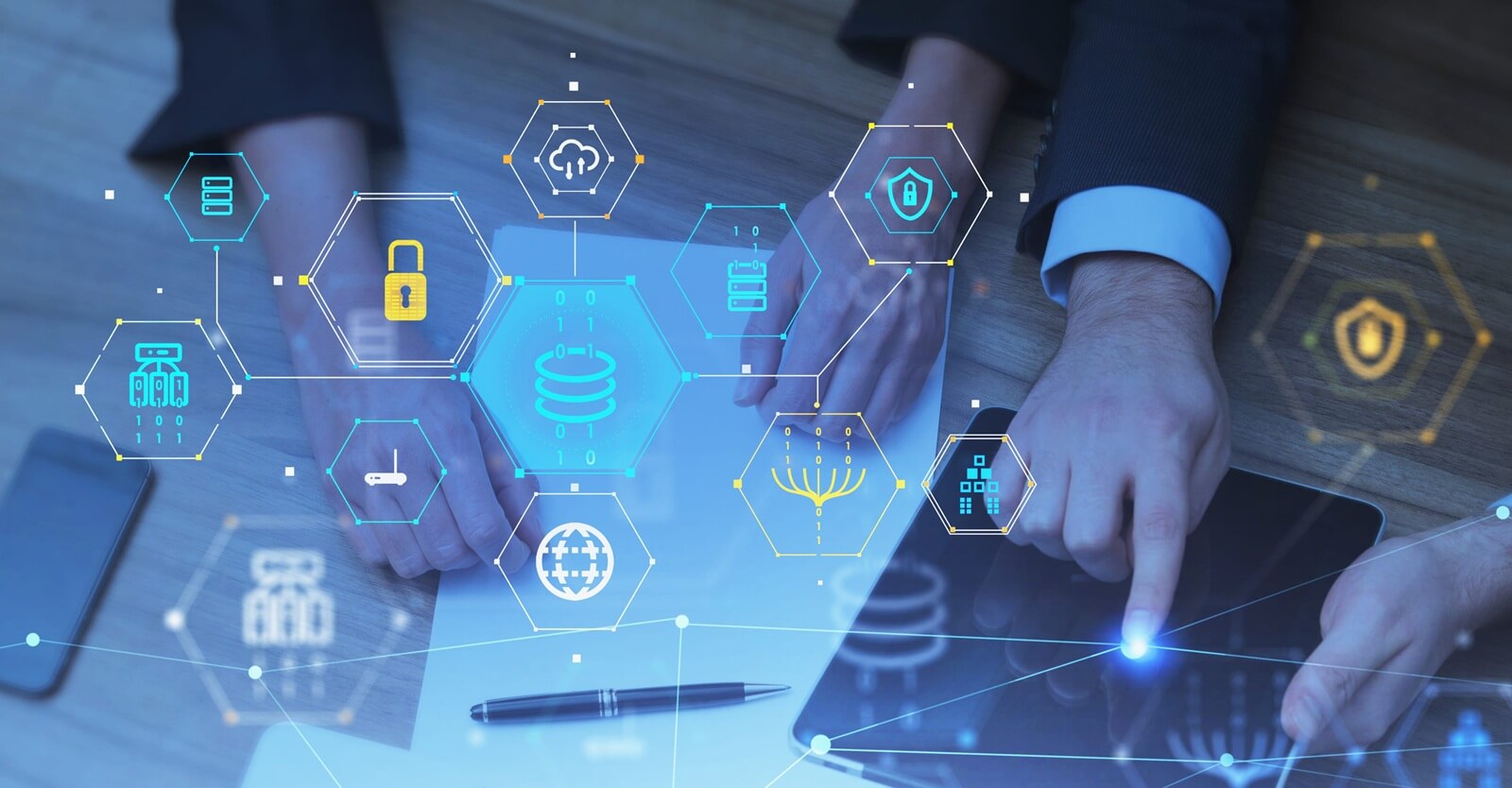 businesswoman wearing formal suit are holding a tablet with digital interface with hologram of globe, coin, padlock, cloud data storage