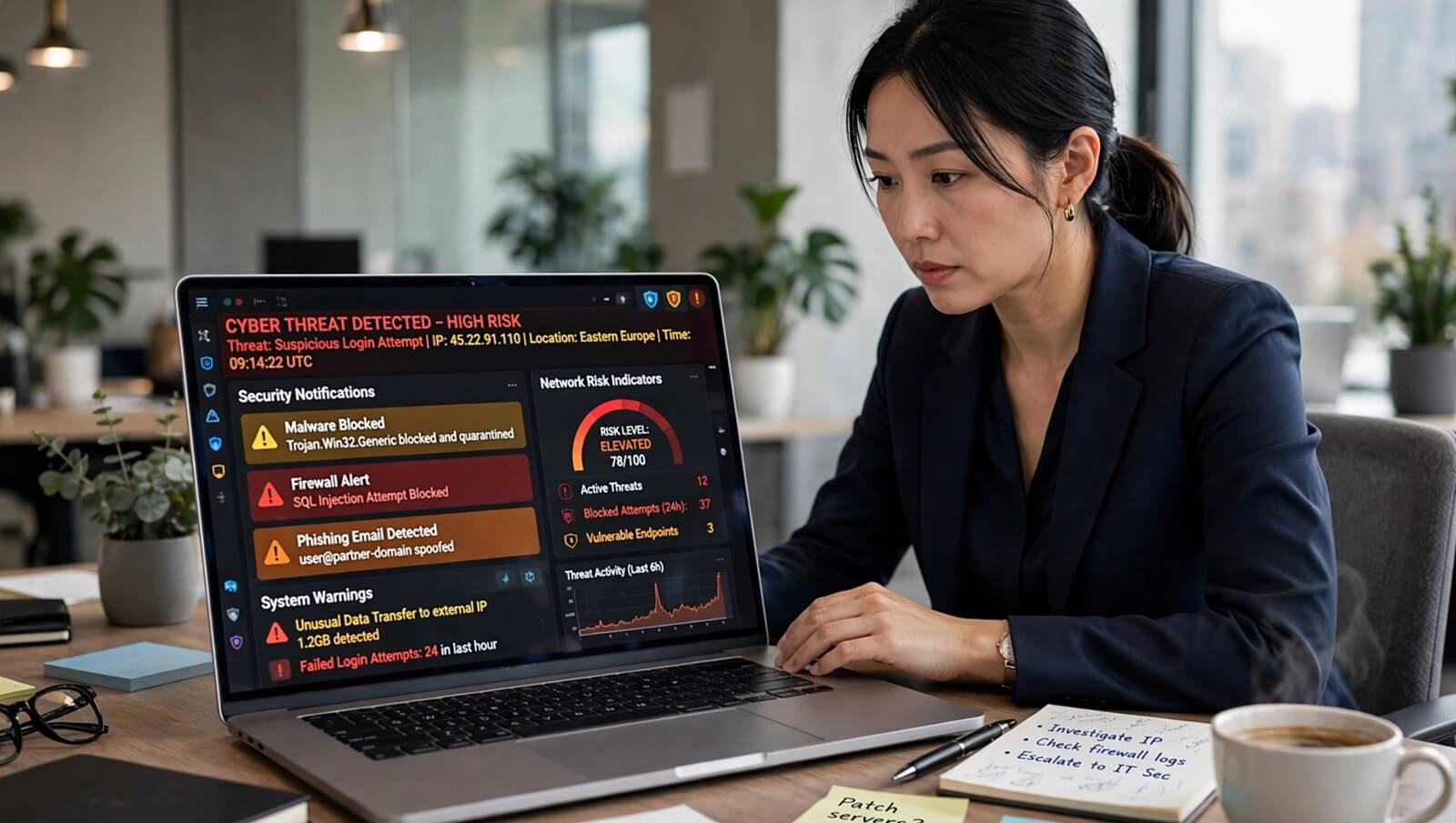 businesswoman working on laptop computer at desk in office. Young Asian businesswoman using laptop for work