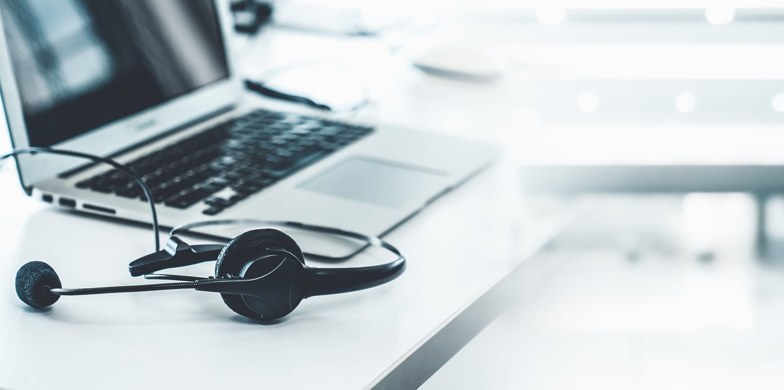 headset and customer support equipment at call center ready for actively service
