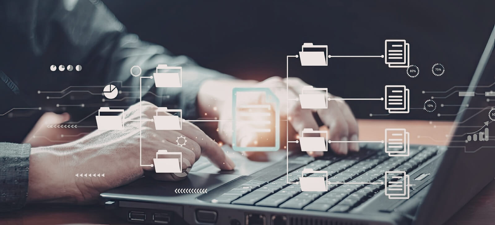 image of a person typing on a laptop with a digital interface overlaying the screen, showing various icons and symbols related to technology and data transfer