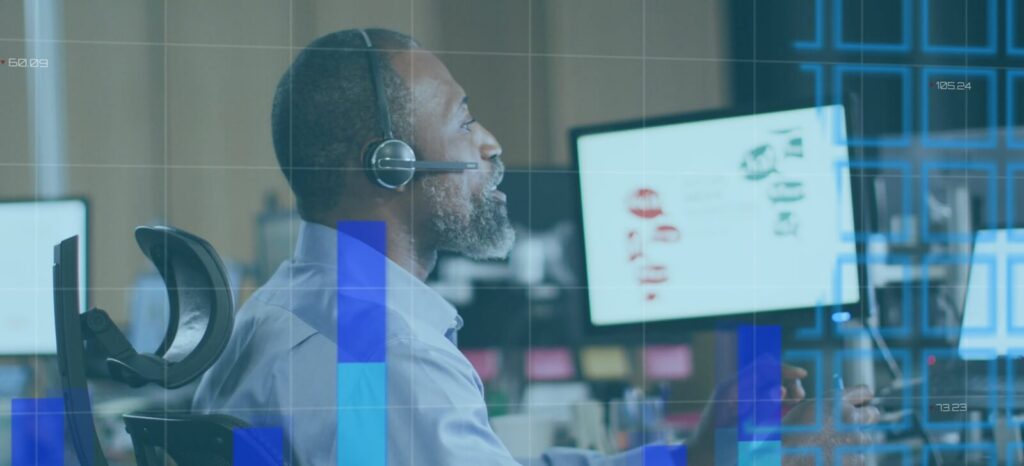 image of financial data processing over african american businessman using phone headset