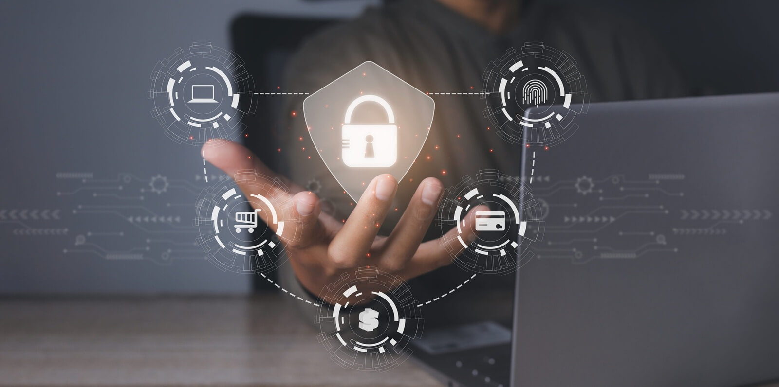 lock icon and internet network security technology. Businessman secure access protecting personal data with virtual screen interfaces