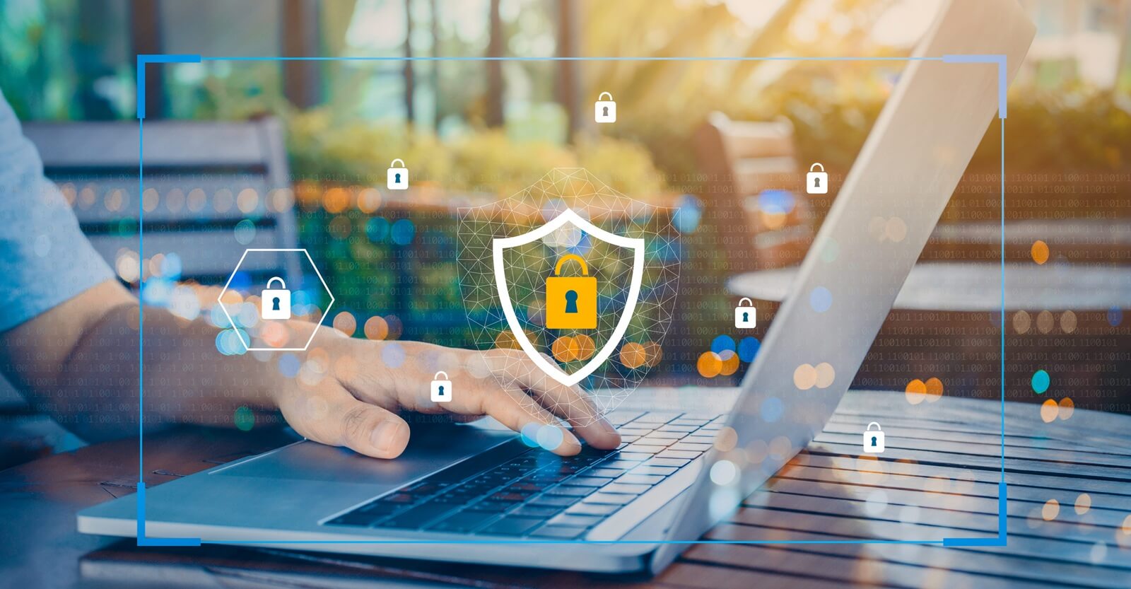 person using a laptop computer with technology cybersecurity and privacy concept