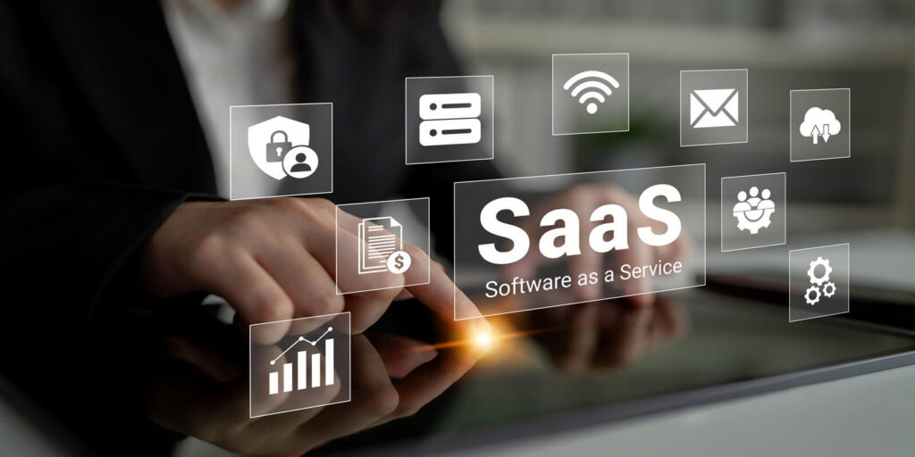 professional illustrates the concept of Software as a Service with a user interacting on a tablet