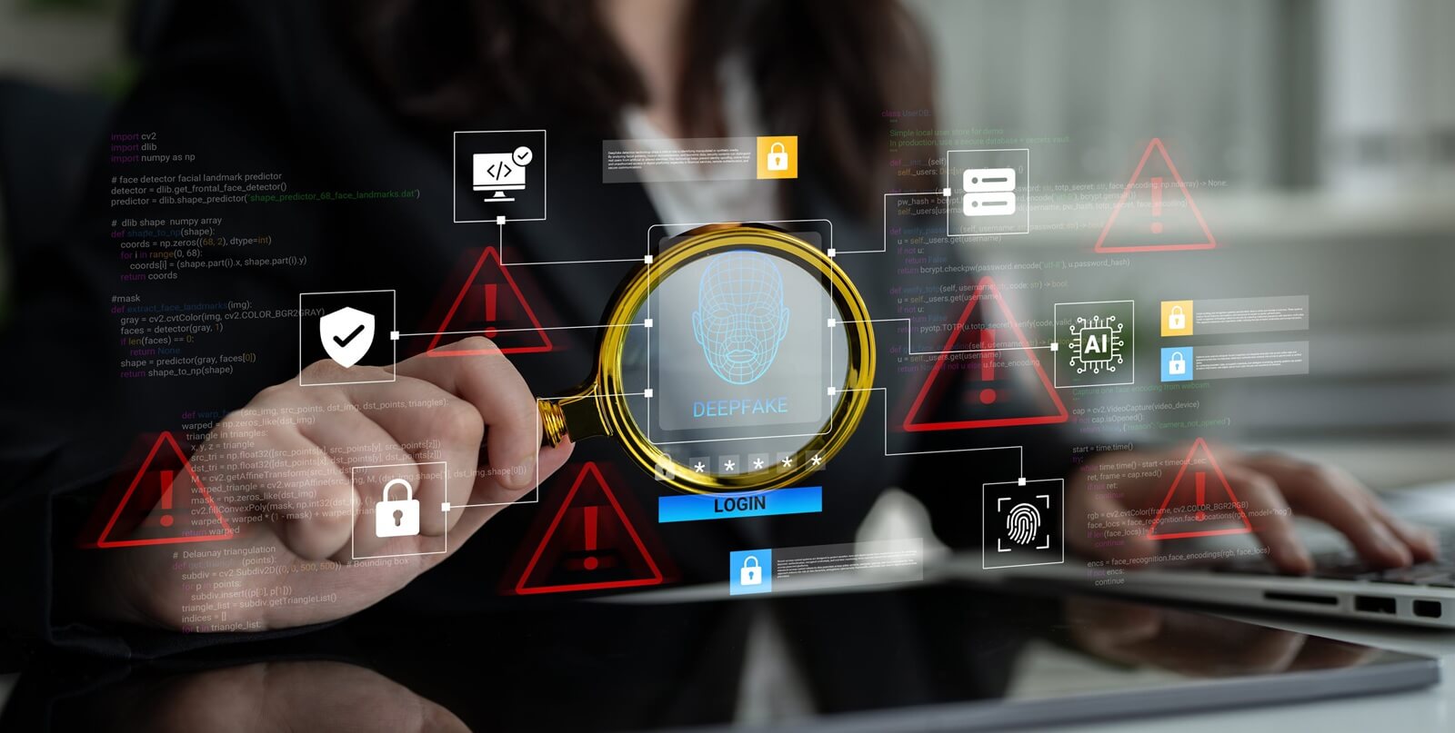 professional woman uses a magnifying glass to analyze cybersecurity visuals, highlighting important data
