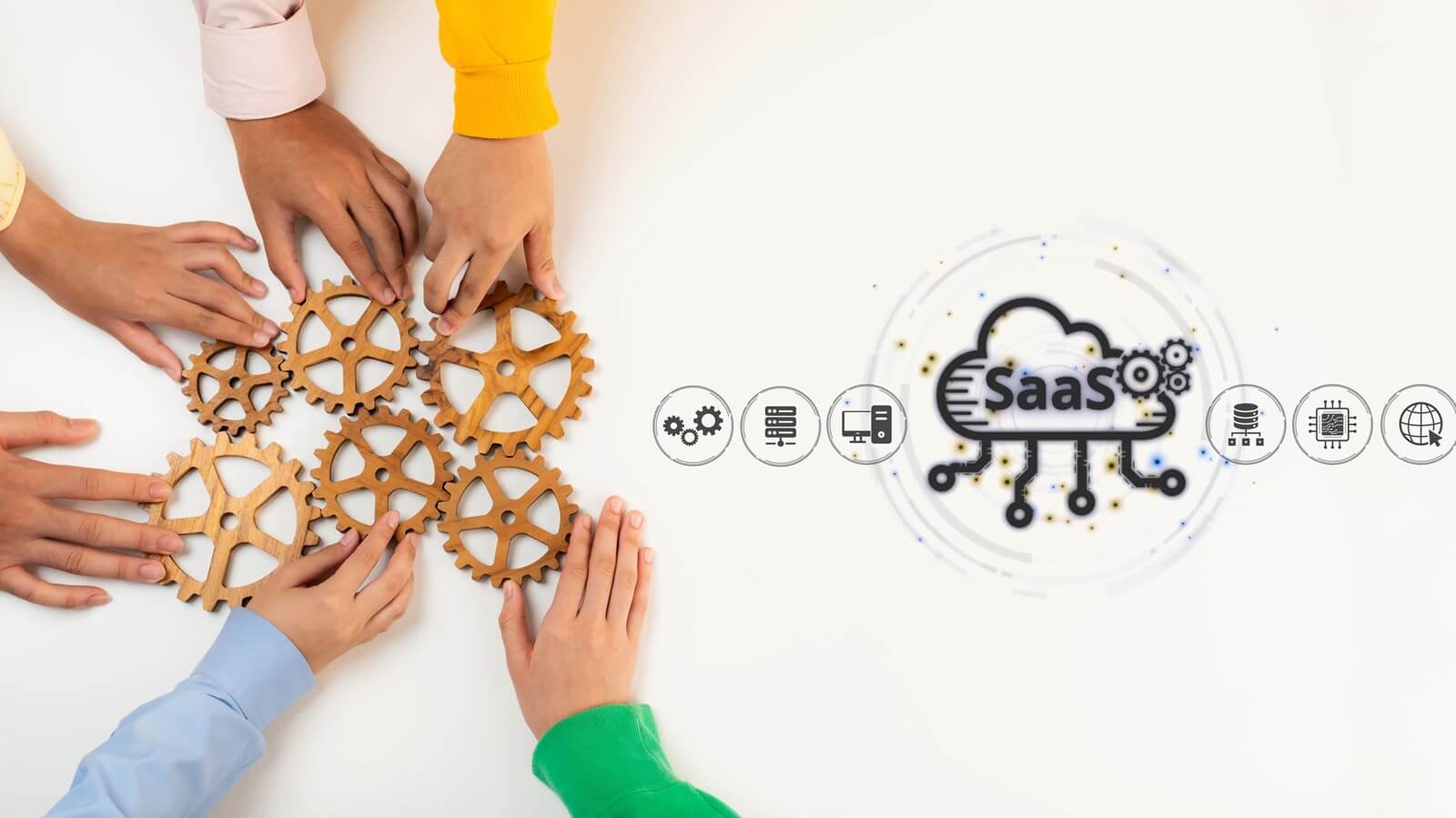 vibrant representation of teamwork, showcasing diverse hands interacting with gears, symbolizing collaboration and innovation in the SaaS technology ecosystem